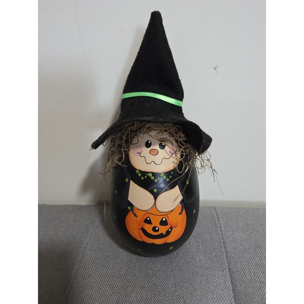 Vintage 90's Halloween WITCH Painted Turned Wood Folk Art Moss Hair VguC